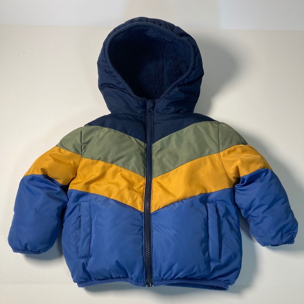 Swiss Tech Toddler Multi Color Chevron Hooded Puffer Jacket Blue Yellow 18M